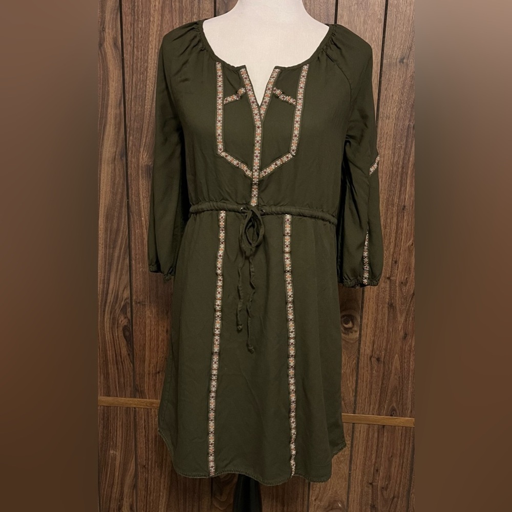 ANTHROPOLOGIE Edme & Esyllte Ribbon Trim Olive Green Boho raglan sleeve Dress S